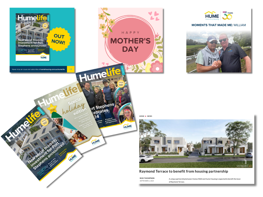 Hume Housing — Humelife magazine covers, social posts and news features